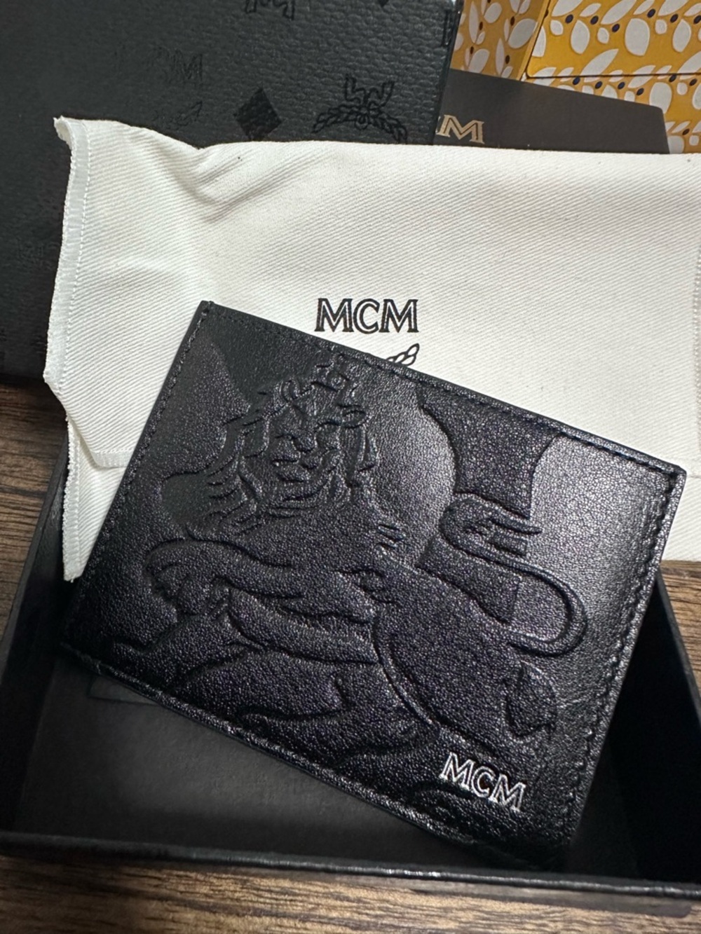 MCM Black Embossed Leather Lion Card Holder